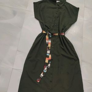 Olive Green Shirt Type Dress With A Belt