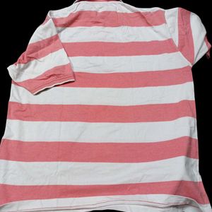 Peach And White Casual Striped Tshirt