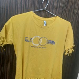 yellow fringe style printed top