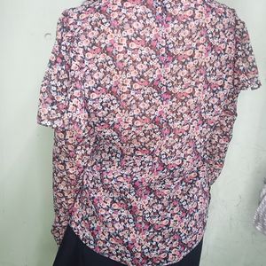 Red Floral Print Front Gathered Shirt