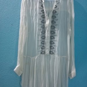 White Long Length Top With Silver Embroidery