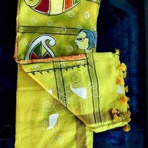 Yellow Handprinted Kota Cotton Saree