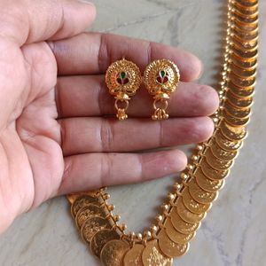 Laxmi Coins Long Necklace With Meena Work Earrings