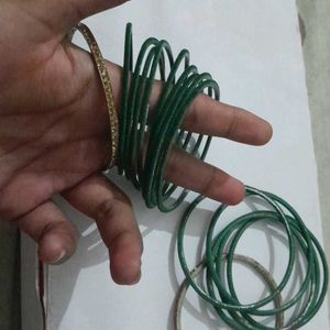 14 Pcs Of Velvet Green Bangles With 2 Kangans