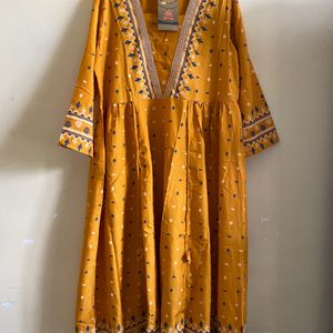 Yellow Anarkali Kurta With Trousers Set For Beauty