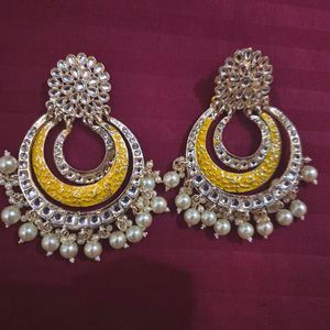 Kundan Studded Yellow Earrings