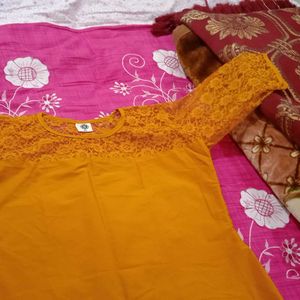 Mustard color Kurti (Size XXL), brown dupatta free