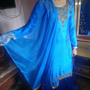 Blue Heavy Embroidered Sharara Suit With Dupatta