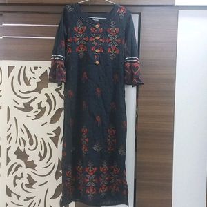 Navy Blue Block Print Straight Kurta Set