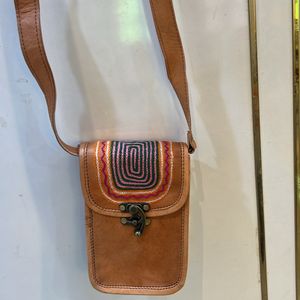 Leather Sling Bag With Woolen Art Work