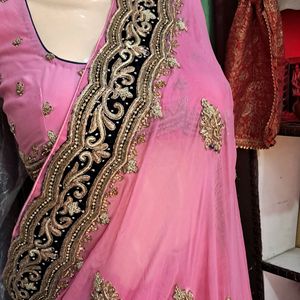 Pink Premium Chiffon Saree With Very Heavy Border