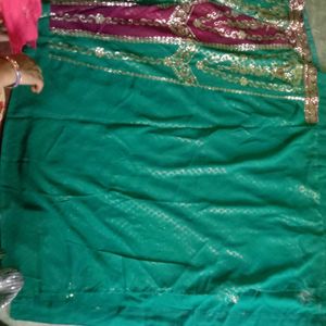 Green Lengha Type Saree With Purple Embroidery