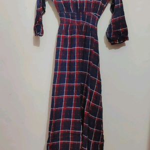 Red & Navy Blue Check Print Long Front Cut Open Ku