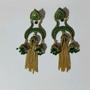 Earring/Jhumka Green Colour With Golden Strings