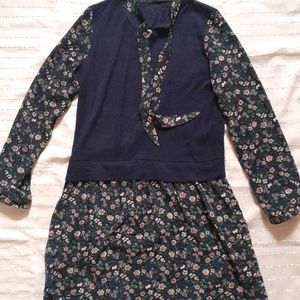 Navy Blue With Floral White And Green Dress