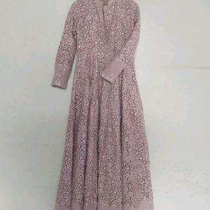 Women's Embroidered Long Sleeve Embellished Neck Gown