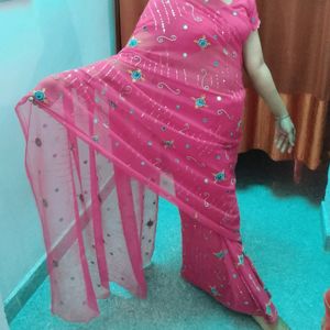 Chiffon Rose Pick Saree With Stitched Blouse