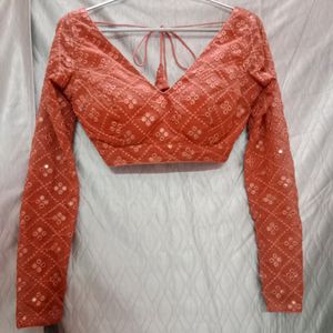 3ps Chikankari Nude Red Lehenga Choli