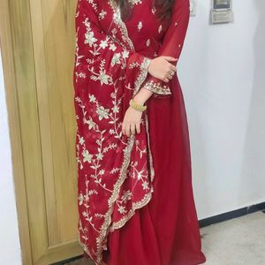 maroon heavily embroidered Anarkali Suit