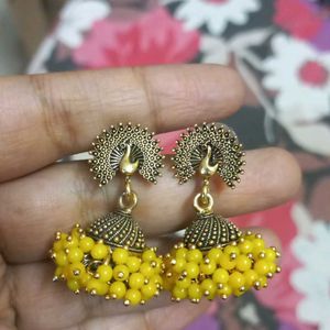 Golden And Yellow Beaded Peacock Jhumki Earring