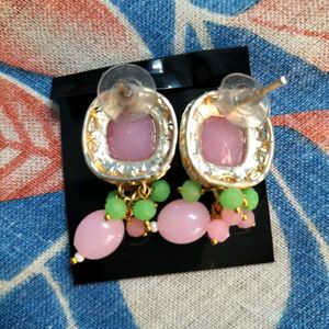 Stylish Earrings With Pink And Green Beads