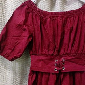 Maroon Puff Sleeve Corset Belt Dress