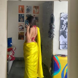 Yellow Satin Sari With Red Blouse