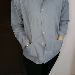 Women Grey Formal Pockets Button Down Shirt