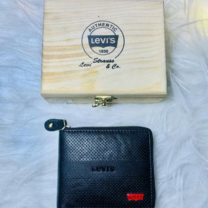 Levis Genuine Leather Wallet Men's Wooden Box