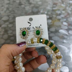 Green Earrings And Stretchable Kangan Set