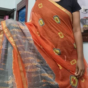 Orange Kotta Dhoria Saree With Grey Border