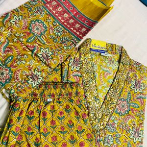 V Neck Pure Cotton Kurta With Pant And Dupatta