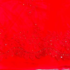 Red Party Wear Elegant Net Saree With Embroidery