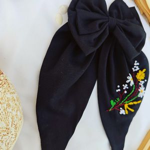 Handmade Black Embroidered Bow Clip