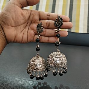 Lightweight German Silver Jhumkies With Black Bead