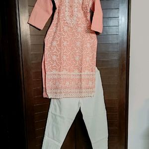 Women Net Thread Embroidered Pink Suit Set