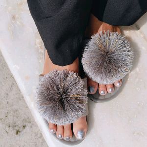 Very Cute Furr Ball Design Flip Flops For Women