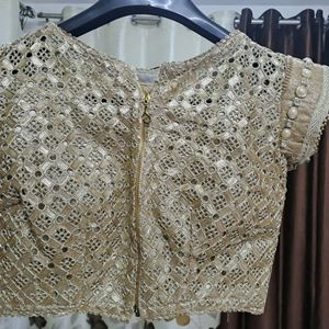 Lycra Net Saree With Heavy Blouse- Gold/cream