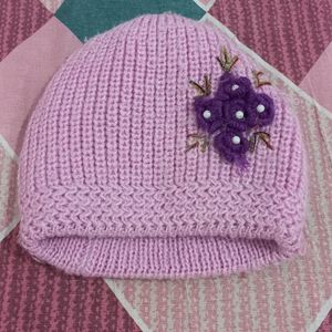 Purple Colour Woollen Embroidery Girl Cap