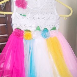 Rainbow Themed Soft Net Baby Frock 12 Months Old