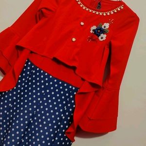 Red & Blue Dotted Print Dress For Girl 12- 14 Year