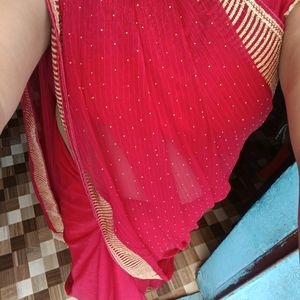 Red Saree Beautiful Border With Blouse Size 42