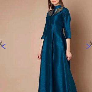 Indya Silk Blue Colour Maxi Gown Side Zip