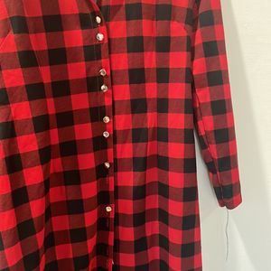 Red& Black Check Cuffed Sleeve Knee Length Shirt