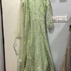 Pista Colour Heavy Worked Gown N Dupatta