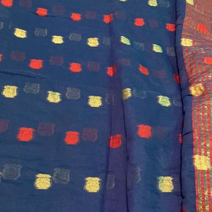 Cotten Saree Dark Blue Golden Work Red Border Red Flower Printed Work