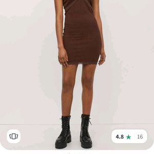 Hnm Brown Ribbed Lace Trimmed Dress