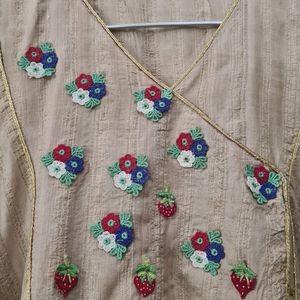 Beige Raw Silk Kurta with flowers strawberries