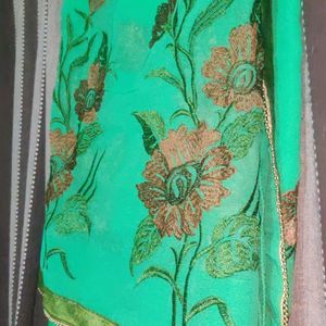 Green Threadwork Saree For Parties, Wedding Festiv