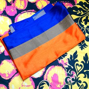 Orange and Blue Colour With Golden Strip Saree